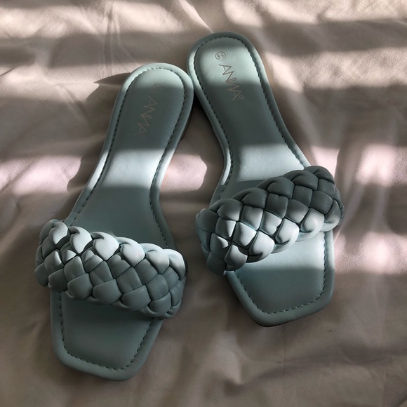 Light Blue Braided Strap Leather Slide Sandals - Picture 3 of 9